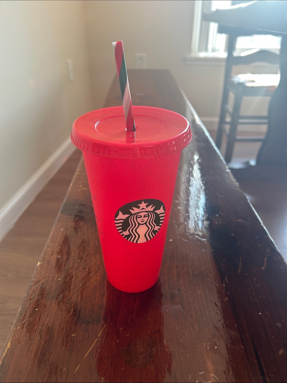 Starbucks Bright Red Plastic Cold Cup with Striped Straw